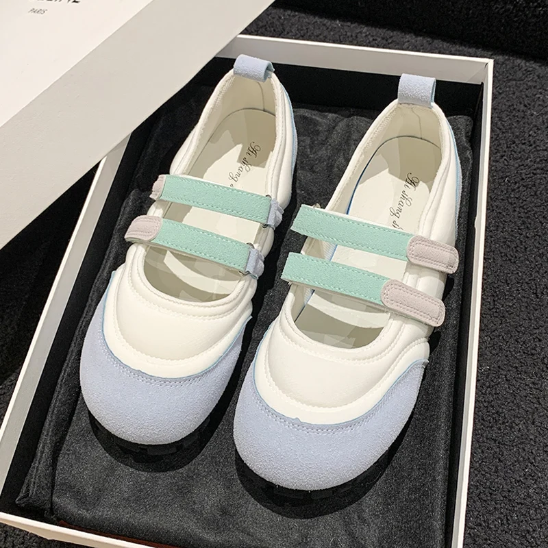 Cute Soft Puff Lolita Shoes Woman Sweet Pink Purple Ballet Flats Ladies Round Toe Thick Sole Double Straps Ballerina Loafers