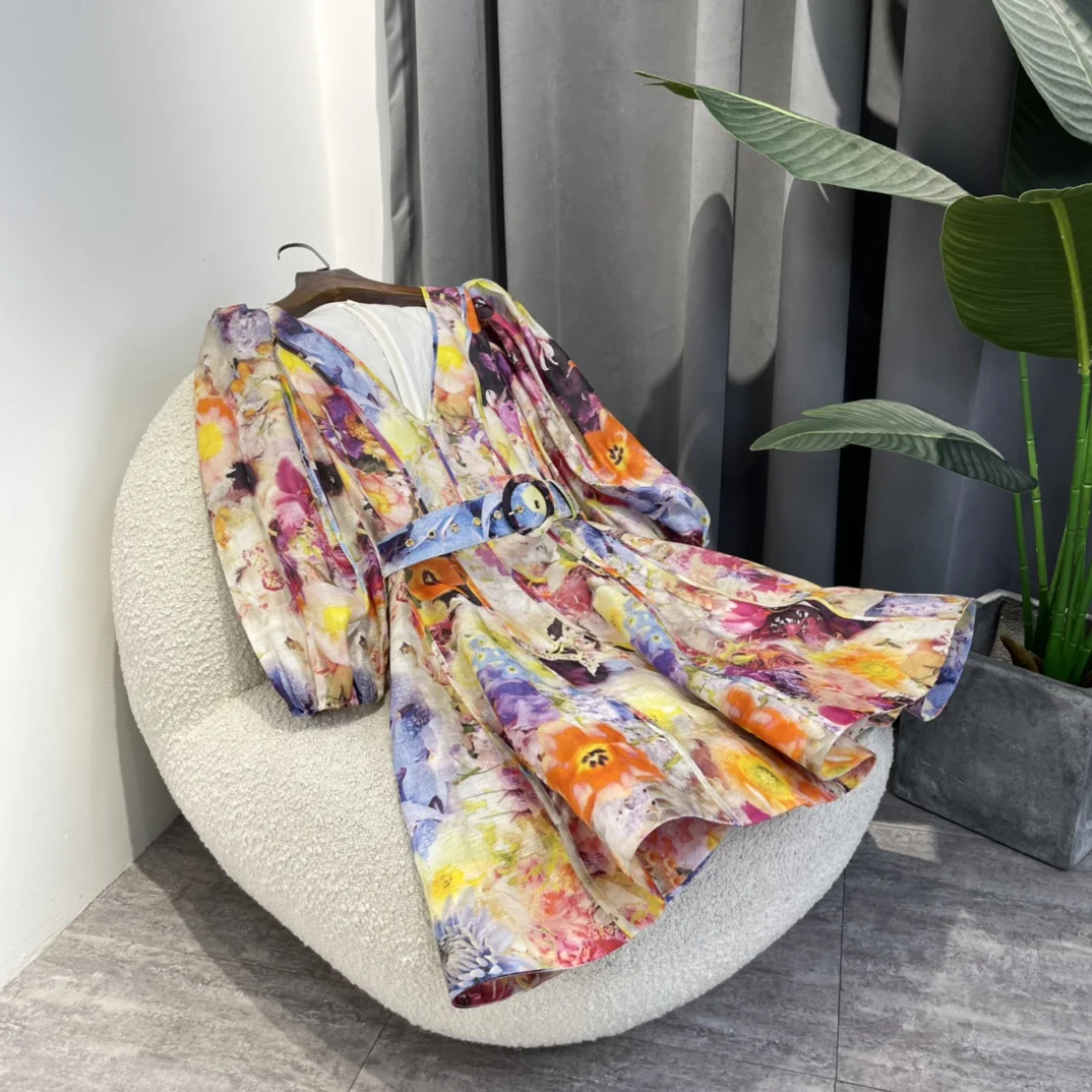 

Женское летнее платье-мини из льна и шелка, желтое, красное, фиолетовое, с цветочным принтом