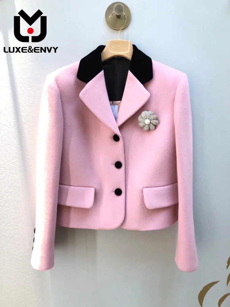 

Женский короткий шерстяной Блейзер LVXE & ENVY, повседневный укороченный розовый пиджак в французском стиле с жемчужинами, Осень-зима 2022