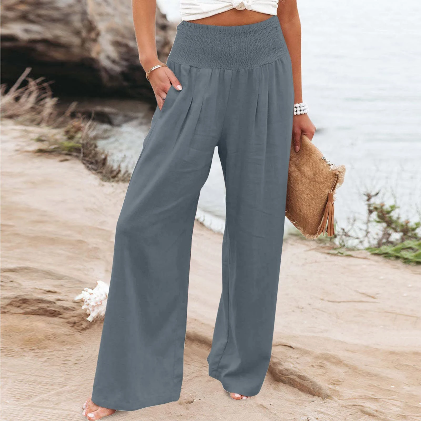 Women Loose Casual Pants High Waist Cotton Linen Straight Wide Leg Pants Solid with Pockets Fashion Summer Trousers
