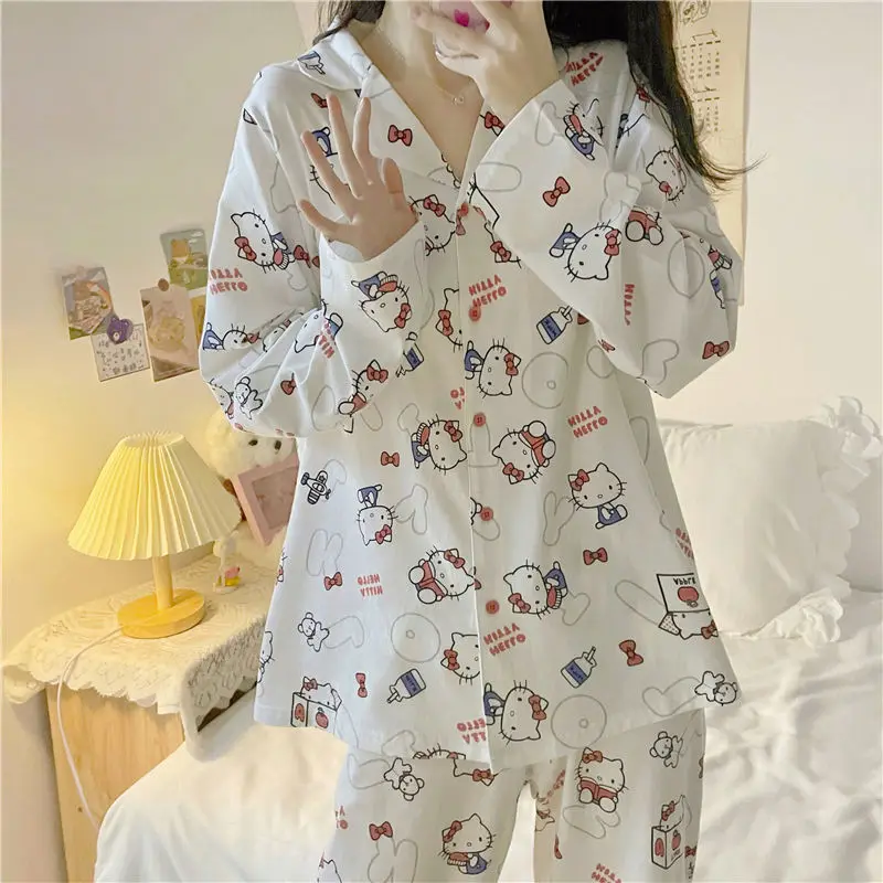 

Kawaii Sanriod Anime Hobby My melody Kuromi Cinnamoroll Summer White Shorts Short Sleeve Two Piece Suit Ladies Thin Pajamas