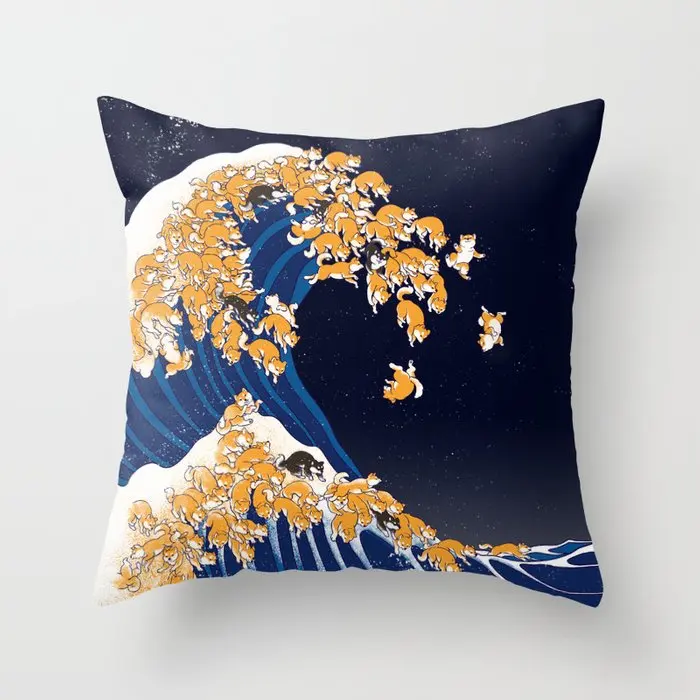 

Shiba Inu The Great Wave in Night Pillowcase Decorative Cushion For Sofa Printed Pillow Chair Car Cushion Cover Home Decoration