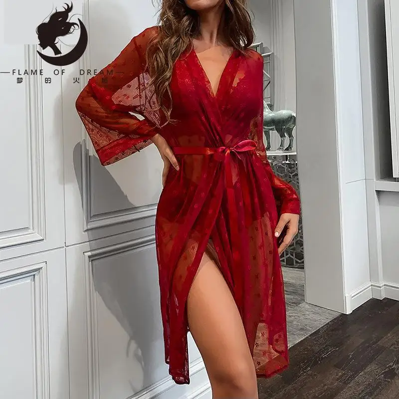 

Соблазнительный сетчатый халат, длинный халат из четырех предметов, комплект нижнего белья с бюстгальтером 6066