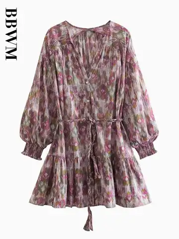 Print Dress Woman With Woven Belt Dress Women Button Mini Dresses Women 2023 New Long Sleeve Vintage Chic Female Short Dress