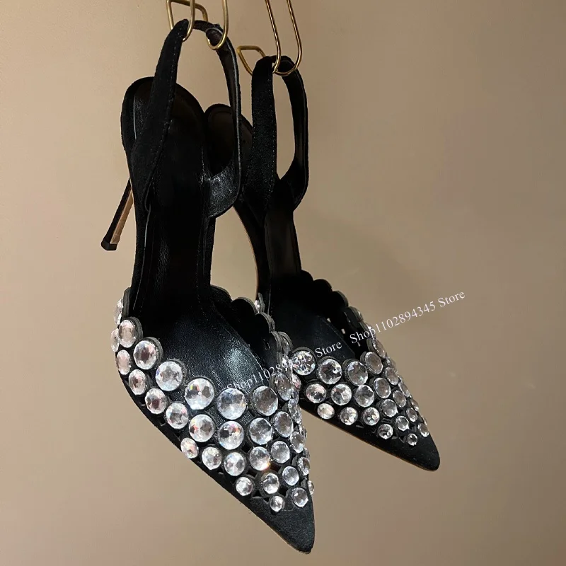 

Black Crystal Pointed Toe Pumps Shallow Thin High Heel Western Fashion Novel Style Summer Woman Shoes Zapatillas Toe Knee Mujer