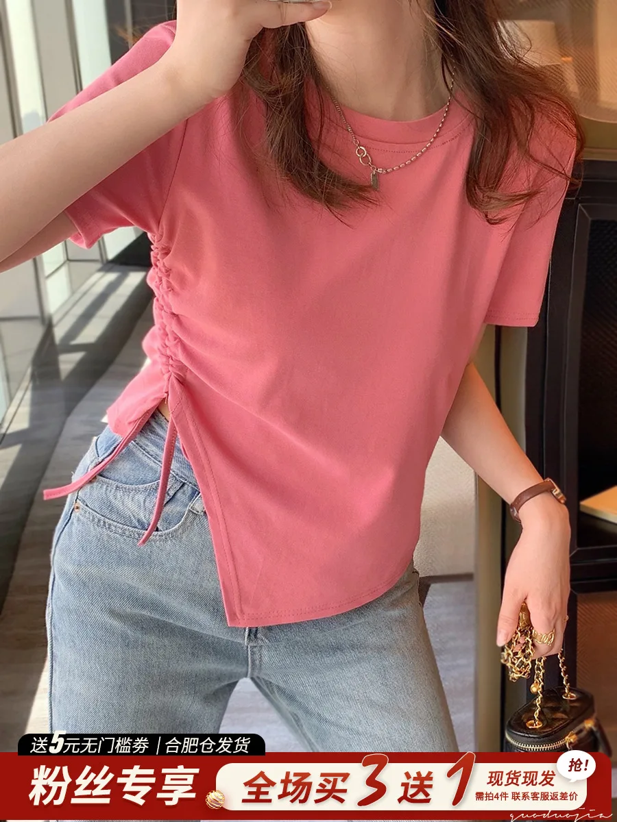 

Женская футболка с коротким рукавом, летний топ из чистого хлопка с разрезом сбоку