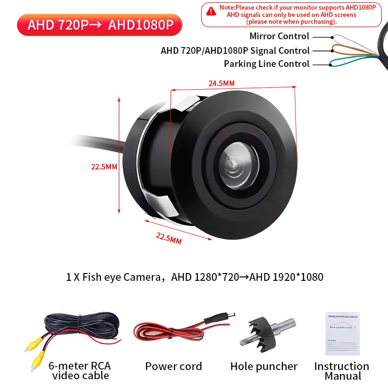 

Автомобильная камера заднего вида AHD 1080P 170° ° Широкоугольная мини-камера ночного видения 22,5 мм, водонепроницаемая, для парковки автомобиля
