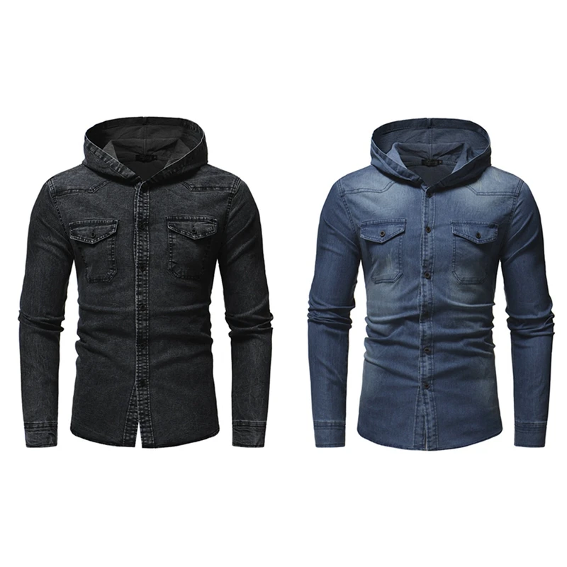 

2 Pcs Spring Wash Denim Shirt Men Long Sleeve Fashion Hooded Jeans Shirt Men Casual Slim Fit Shirt M, Blue & Black