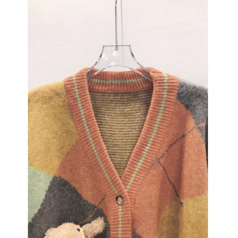 [ZOCI] Белый олень того же цвета ромбовидная сетка 3D медведь вязаный кардиган