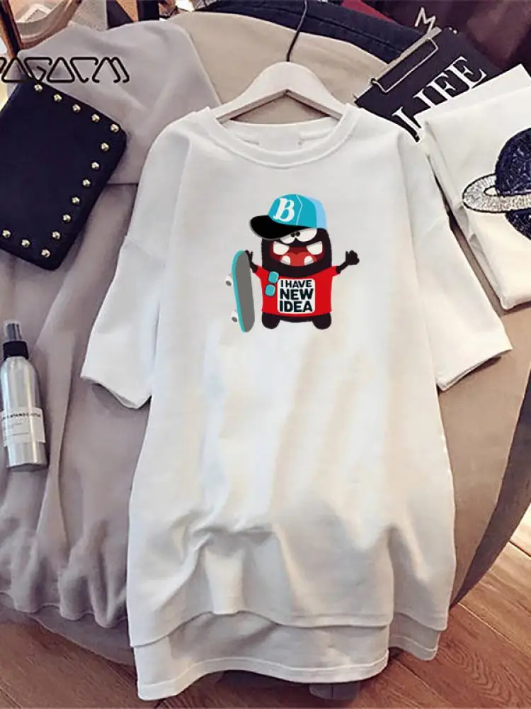 Kawaii Printed Nightdress for Women Diy Spring Summer Short Sleeve Cartoon Printed Homewear O Neck Casual Loose Pajamas Harajuku