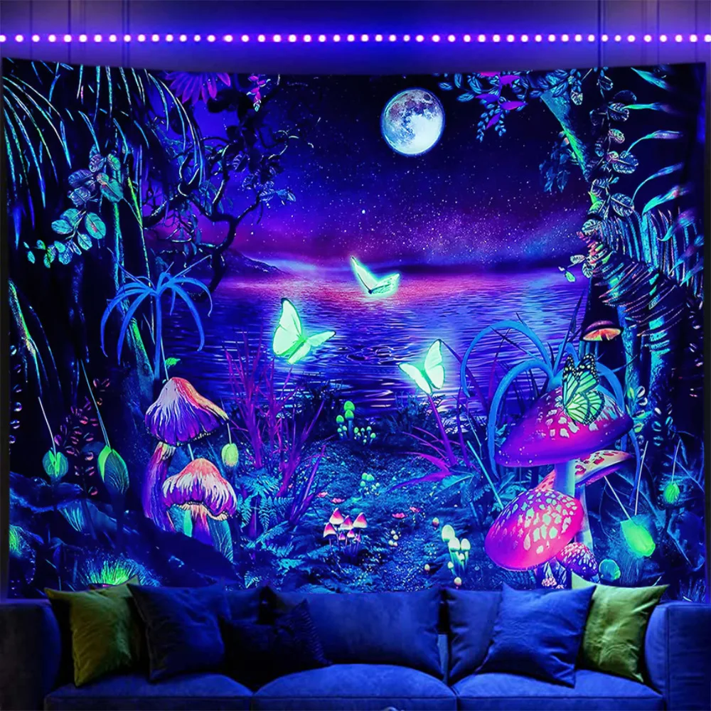 

Blacklight Fantasy Forest Tapestry Aesthetic Mushroom Wall Hanging Hippie Plant Butterfly Moon Bedroom Decoration Room Art Decor