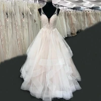 vestido de noche blush pink wedding dress new 2022 v neck luxury beading lace bridal wedding gowns real photo