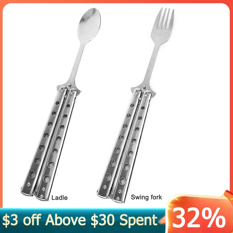 

Butterfly Knife Folding Spoon Fork Balisong Training Spoon Fork Butterfly Knife Trainer Outdoor Camping Tableware Kitchen Tool