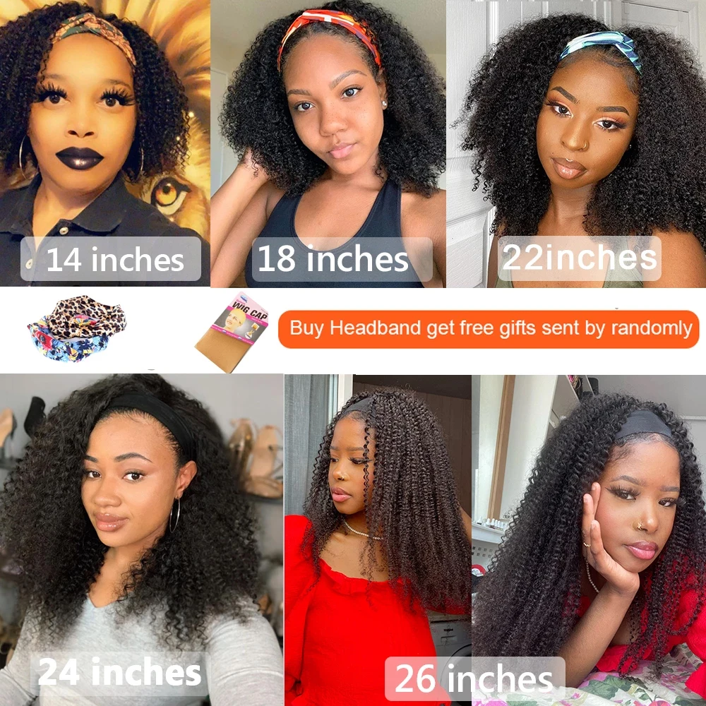 Afro Kinky Curly Headband Wigs 180% Density Human Hair Wig Glueless Free Headband For Black Women Afro Curl Remy Hair