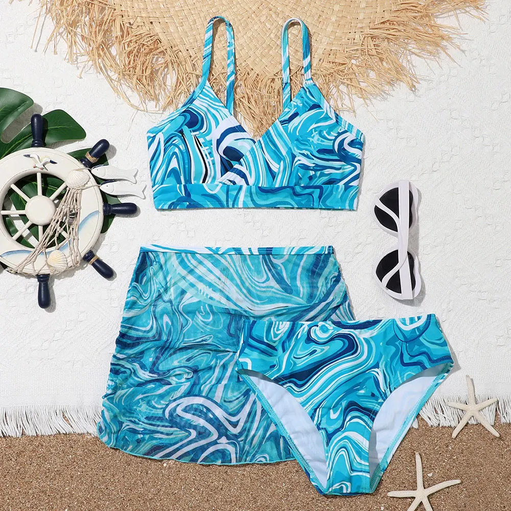 

3pack Fluid Pattern Bikini Swimsuit Kids with Mesh Beach Skirt 7-14 Years Children's Swimwear Teen Bathing Suit Beachwear 2022