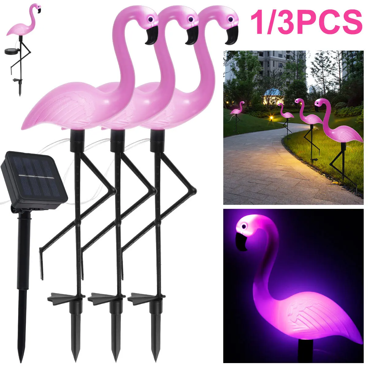 

3PCS Flamingo Solar Light IP55 Waterproof LED Pink Flamingo Stake Light Landscape Ground Lamp for Outdoor Pathway Garden Decor