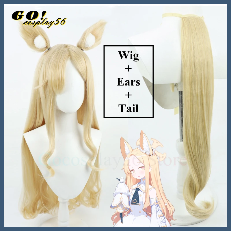 

Blue Archive Yurizono Seia Cosplay Wig Ears Tail 70cm Blonde Long Curly Synthetic Hair Game Project MX Girl Headwear