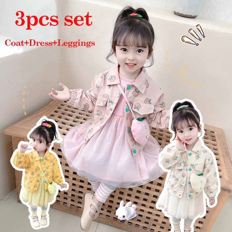 

OLEKID 2022 Spring Autumn Baby Girls Clothing Set Printed Jacket For Girl Mesh Princess Dress Cotton Leggings Pants Set Free Bag