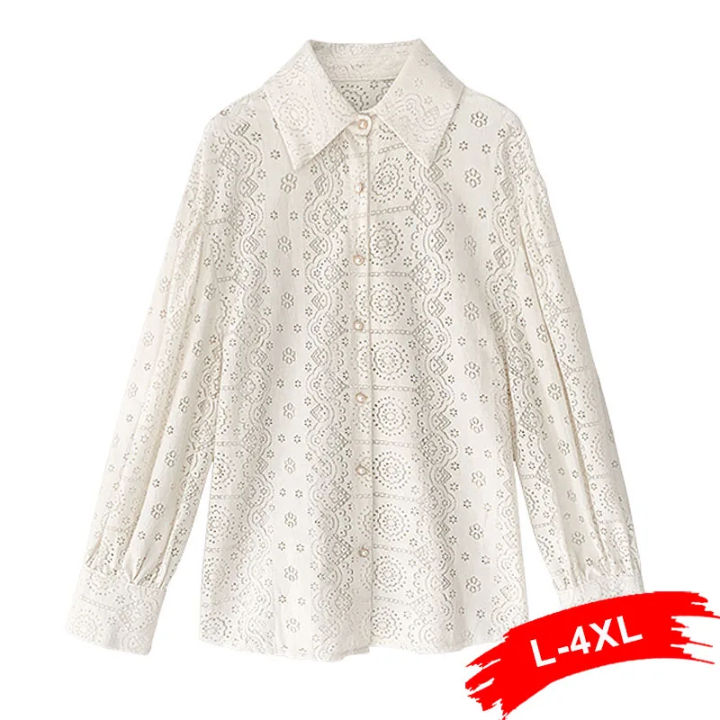 

Блузка с вышивкой Ins Chi, винтажная ажурная рубашка с отложным воротником и длинным рукавом, на пуговицах, в стиле оверсайз, абрикосового цвет...