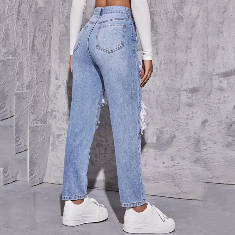 New Fashion Washed Hole High Waist Straight Jeans 2023 Women Clothing Solid Color Pocket Denim Pants Street Trendsetter Trousers