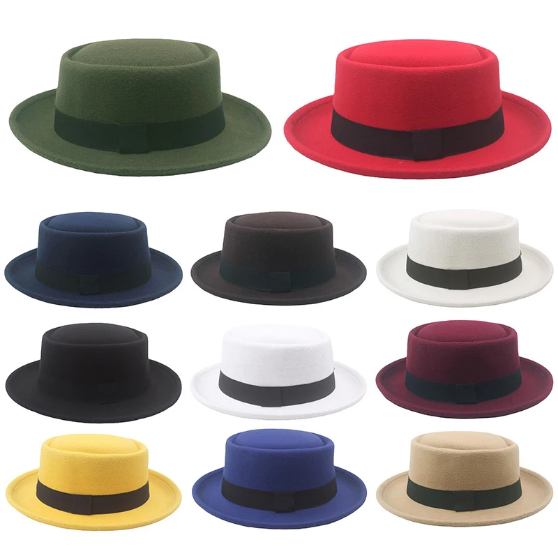

Ladies Wool Boater Flat Top Hat For Women's Felt Wide Brim Fedora Hat Jazz Cap Autumn Winter Classic Bowler Gambler Top Hat