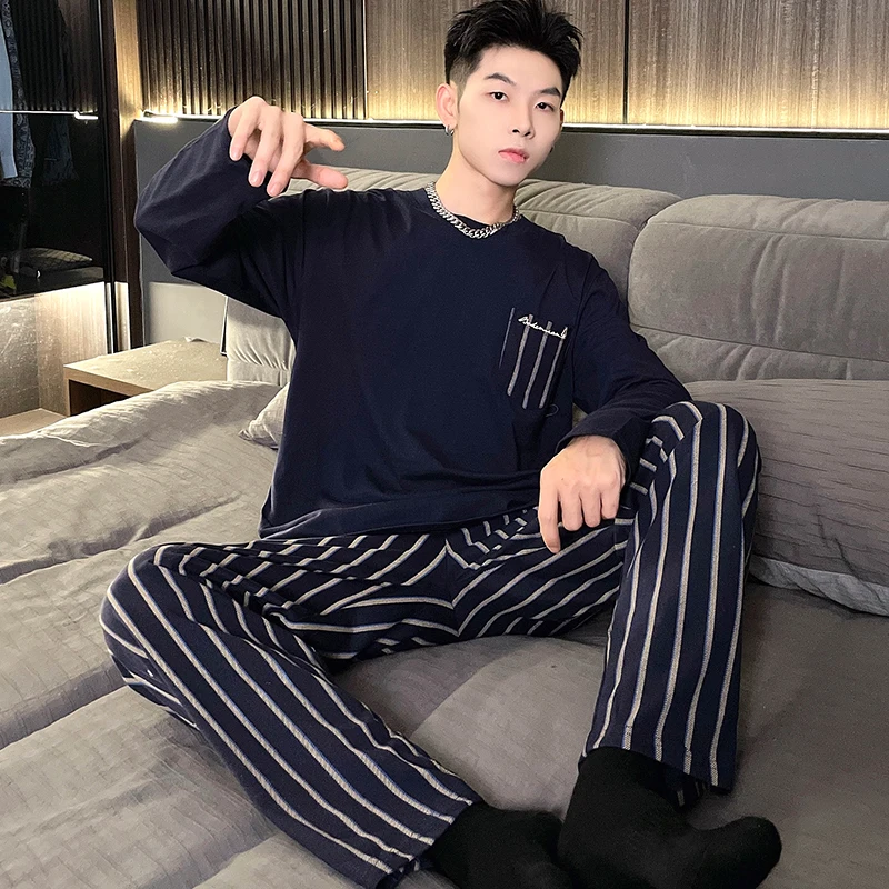 New  Men's Pajamas Set  Spring Leisure Elastic Waist Men Sleepwear Cotton Men's Long Sleeve Nightwear Trousers Homewear Clothes
