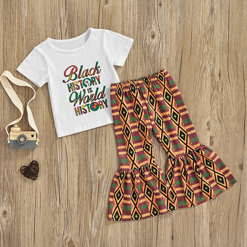 

Kids Girls Casual Outfits Suits Short Sleeve Colorful Letter Printed T-shirts Tops+Geometric Printed Flare Long Pants Clothes