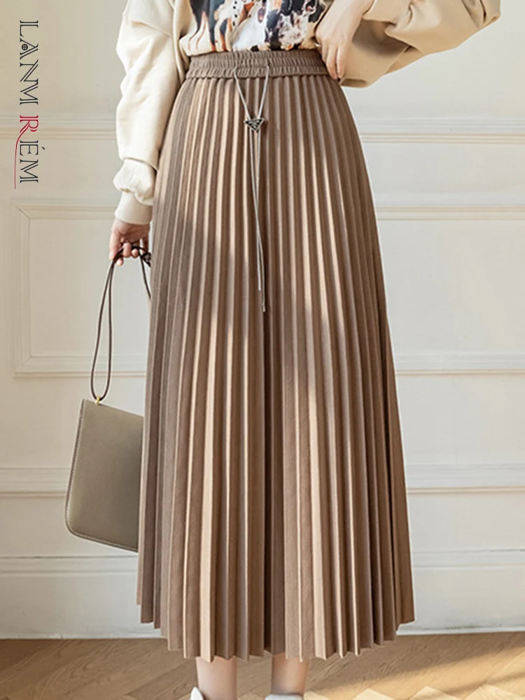 

LANMREM Solid Pleated Woolen Skirts Elastic High Waist A-line Casual Loose Skirts For Women New Autumn Winter Clothing 2L2104