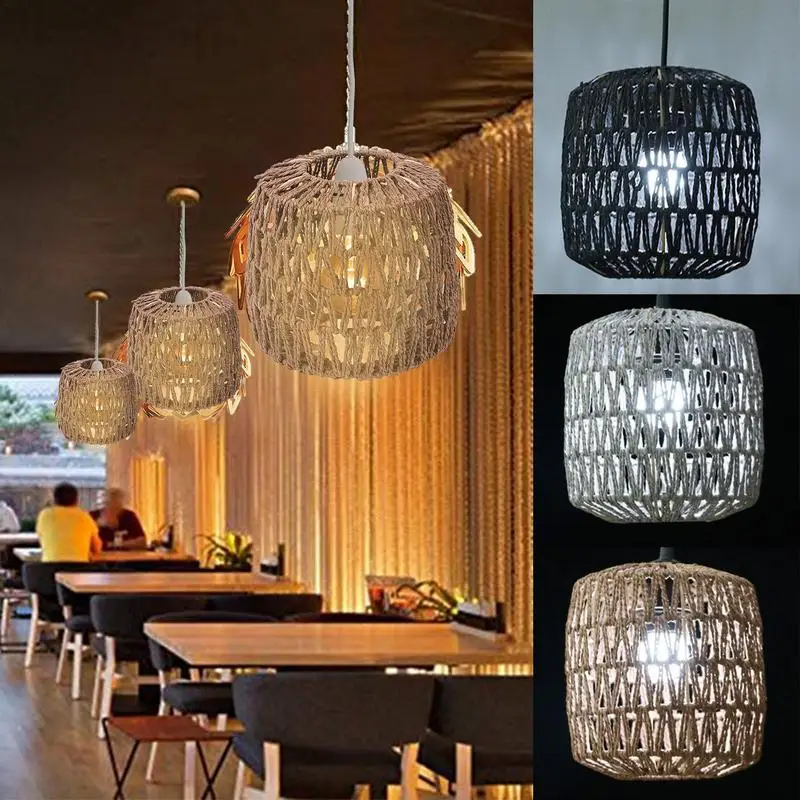 

Rattan Lamp Shade Pendant Lamp Vintage Hanging Lamps Paper Rope Woven Pendant Bohemian Style Light Cover For Table Lamp Huts