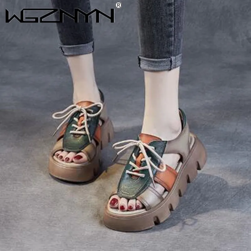 

2022 Retro Platform Colorblock Sandals Women's Summer Lightweight Hollow Open Toe Lace-Up Sandal Ladies Breathable Casual Shoes