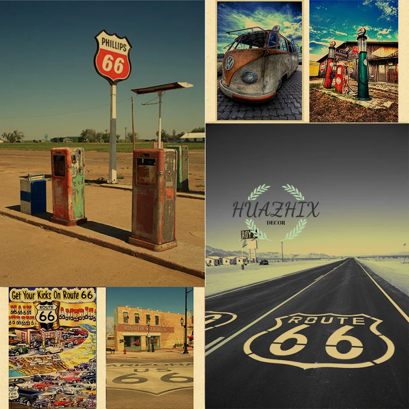 

Vintage Kraft Paper Poster Route 66 Gas Station Kraft Paper Framed Classic Poster Bar Cafe Art Home Decor Wall Painting Poster