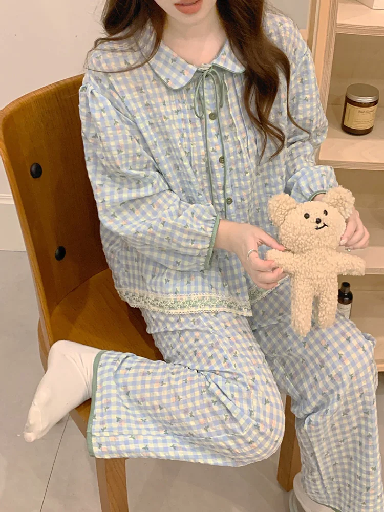 Женский клетчатый пижамный комплект с длинными рукавами S/M/L цвет в ассортименте