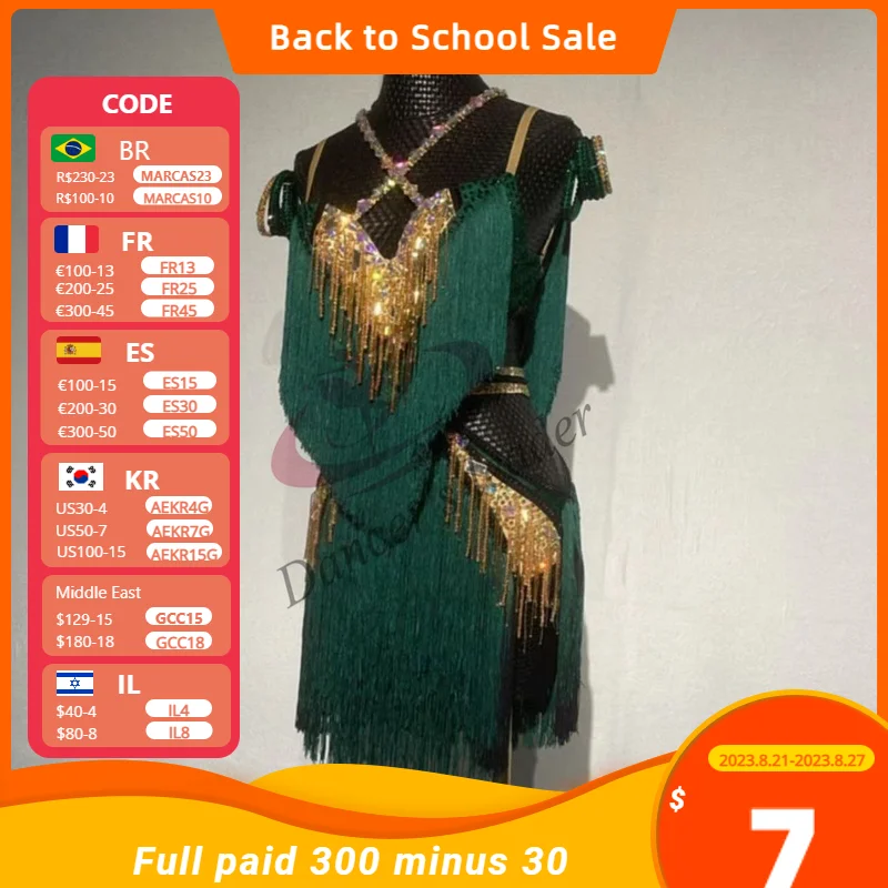 

Latin Dance Professional Dress Custom Gold Jewelry With Diamond Tassel Cha Cha Tango Adult Standard Stage Professional Clothing