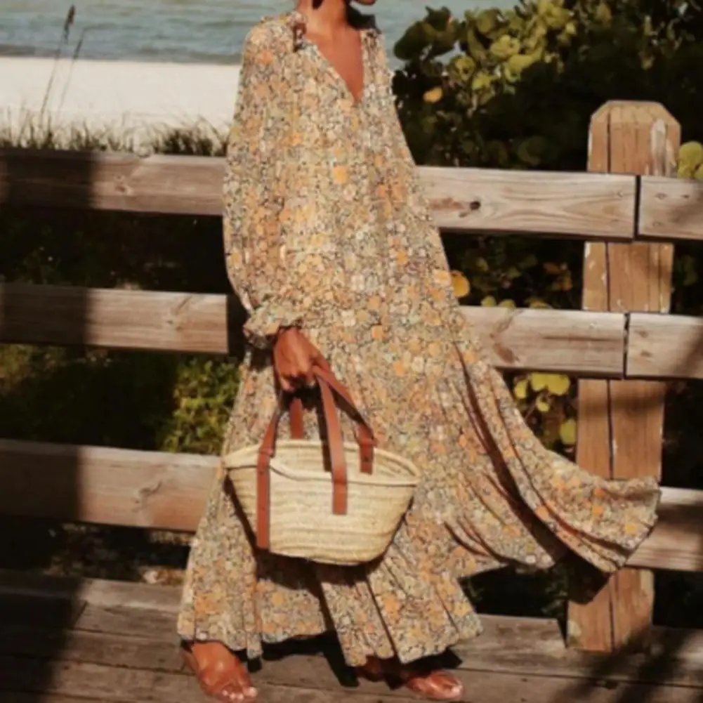 

Comfortable Chic Women Boho Printed Casual Maxi Dress Large Hem Casual Dress Breathable for Beach