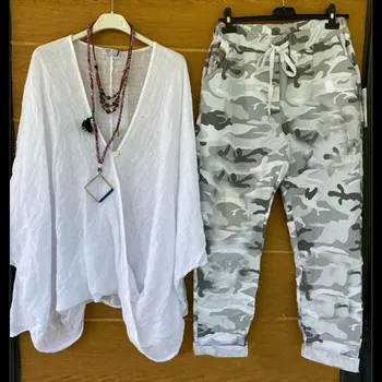 2pcs Women Tops Pants Set Vintage Print Loose V-neck Baggy Loose T-shirt Camouflage Long Pants Plus Size Cotton Linen Outfits 1