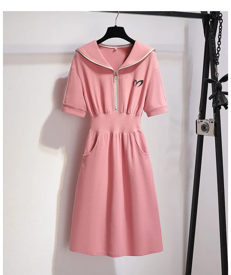 Golf 2023 Summer New Mid-length Casual Sweater Dress Show Thin Skirt Collegiate Style Navy Collar Pink Dress Female