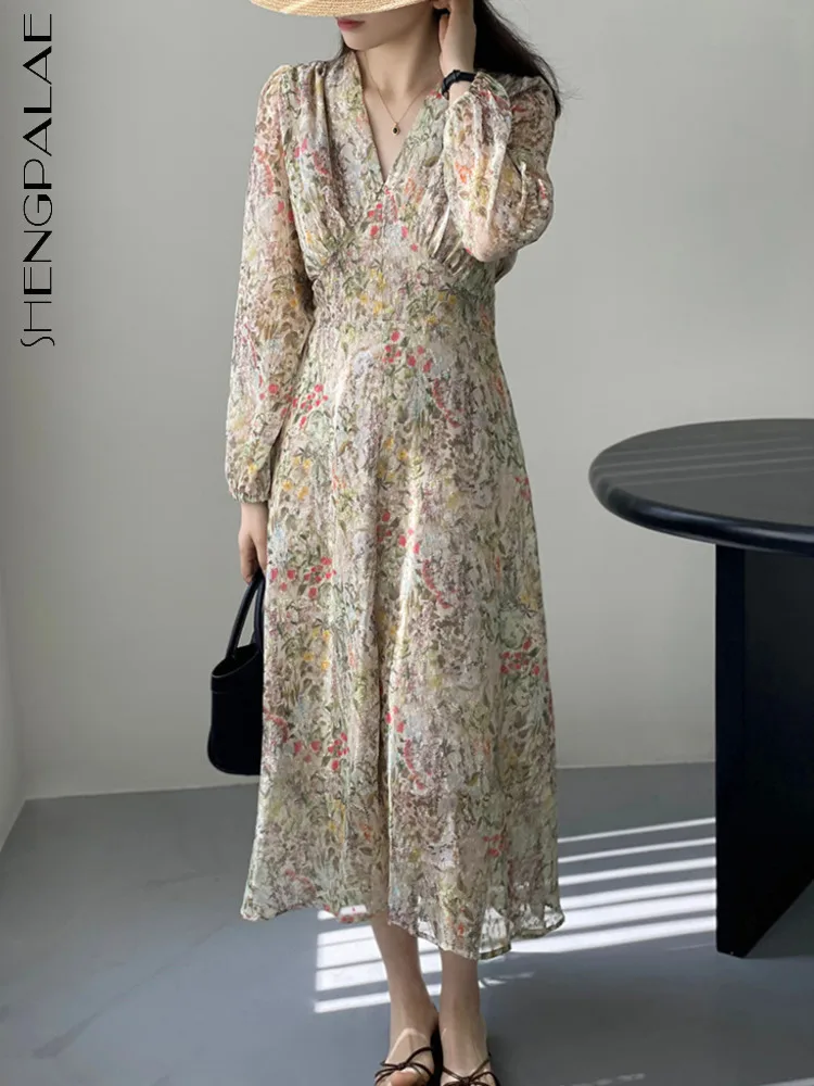 

SHENGPALAE элегантное шифоновое платье с цветочным рисунком для женщин, корейская мода, высокая талия, тонкий v-образный вырез, Vestido Robe 2023, весенняя одежда 5R1663