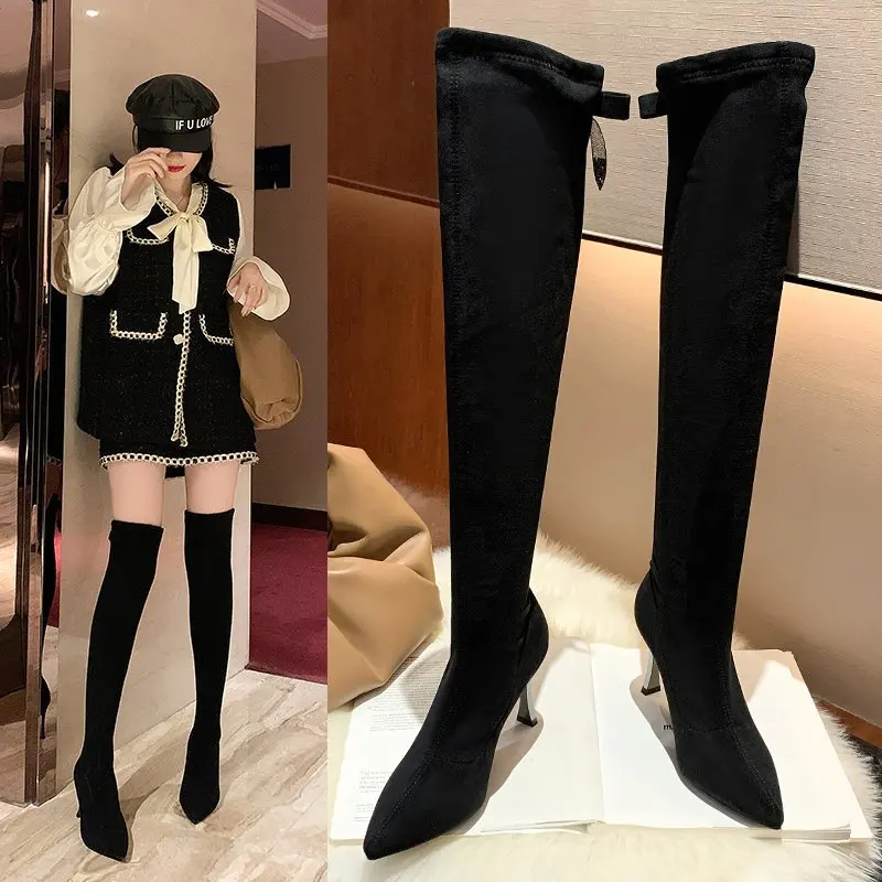 

2023 New All-lap Thigh-high Boots for Women But Knee Small Tall Black Suede Lean Elastic Thick Heel Boots Thigh High Boots