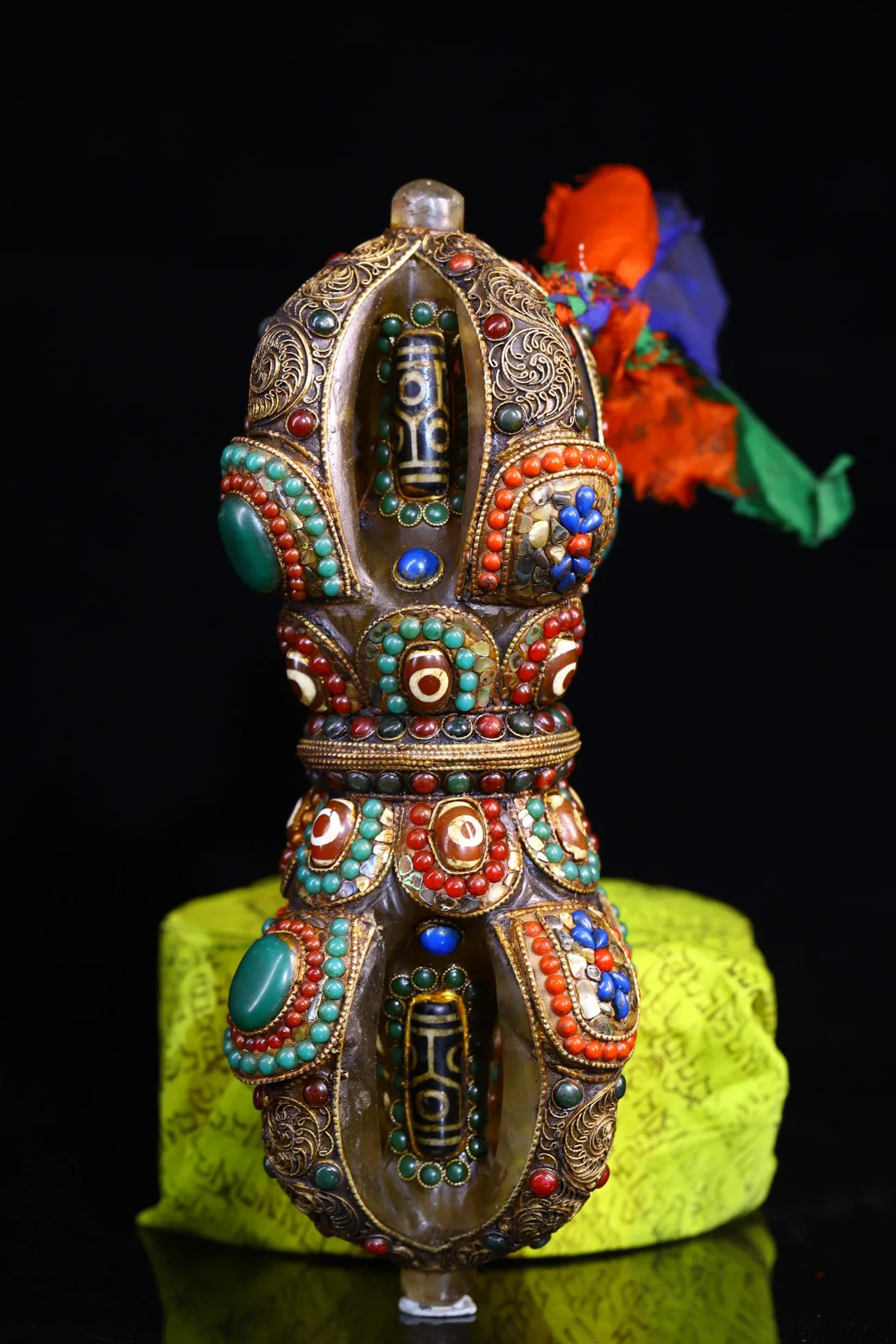 

9"Tibetan Temple Collection Old Natural Crystal Tibetan silver Mosaic Gem gZi Beads Shell Dorje Vajra Phurpa Amulet Dharma