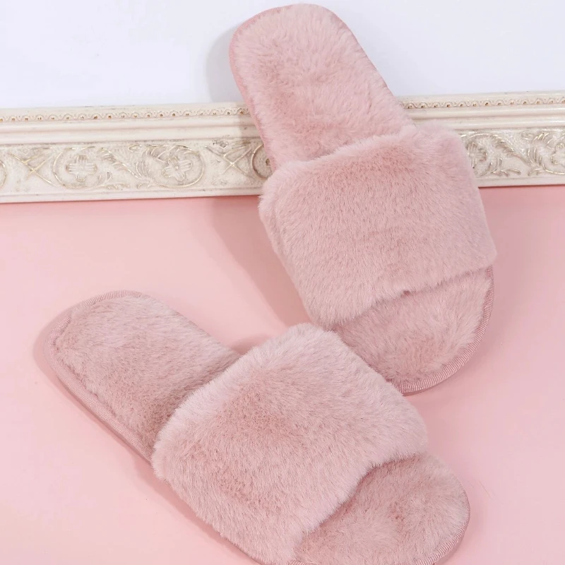 

Fashion Women Home Slippers Solid Color 2023 Open Toe Indoor Winter Flat Non-slip Leisure Interior Female Shoes