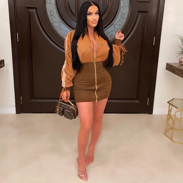 Женское облегающее платье с молнией спереди мини-платье в стиле пэчворк одежда