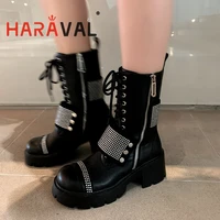 haraval women punk boots cross lace design y2k fashion modern shoes thick mid heels zipper rounde toe casual motorcycle boots
