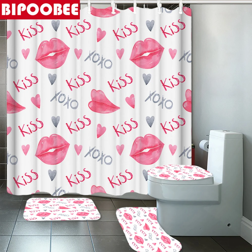 

Pink Lips Kiss Print Shower Curtain Bathroom Curtains Valentine's Day Decor Non-Slip Carpet Toilet Cover Bath Mat Pedestal Rug