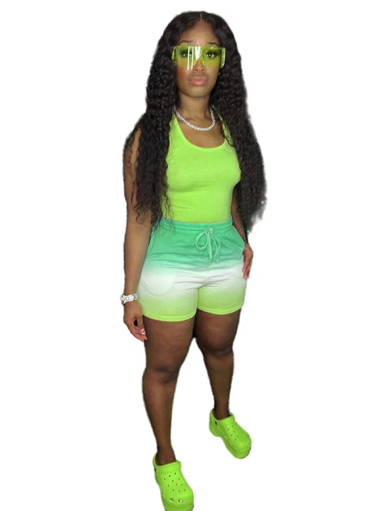 

2 Piece Set Women Outfits Sleeveless Tank Tops And Shorts Suit 2022 Summer Fashion Gradient Casual Sporty Shorts Tracksuit Sets