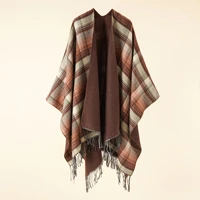 2022 autumn winter new color grid pattern imitation cashmere warm casual women tassels shawl poncho capes lady coat coffee
