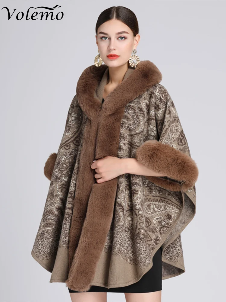 

Volemo 2023 Khaki Long Faux Rabbit Fur Collar Hat Cloak Women Party Overcoat Winter Thick Cape Loose Printed Streetwear Coat