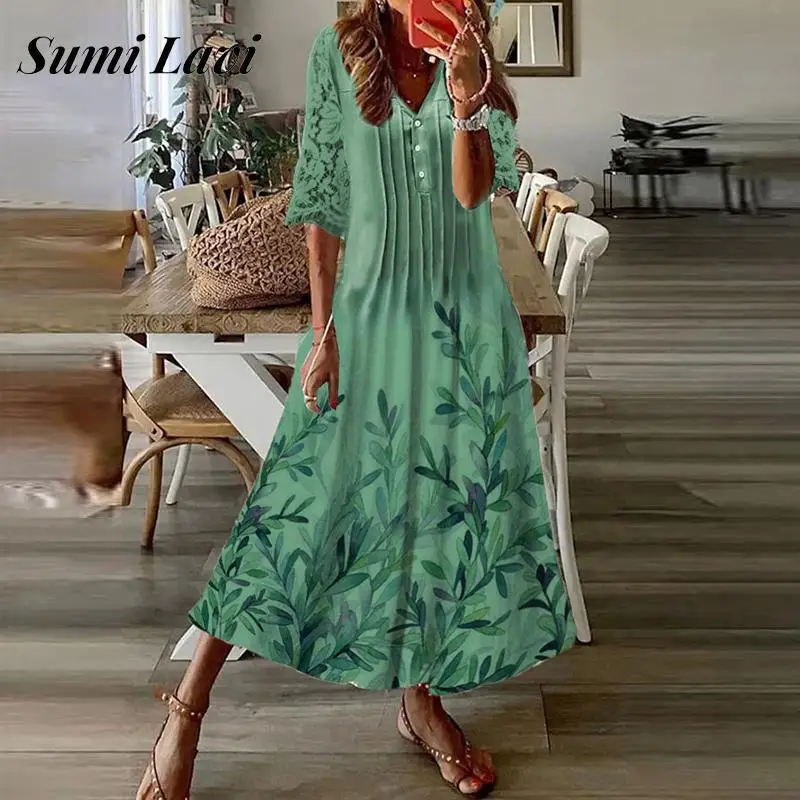 

Женское платье-пуловер на пуговицах, повседневное Свободное платье в богемном стиле с рукавом до локтя и V-образным вырезом, в стиле ретро, со складками, лето 2023