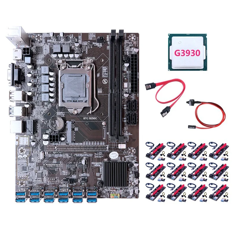 

B250C ETH Miner Motherboard+G3930 CPU+12XVER009S Riser+SATA Cable+Switch Cable12 USB3.0 GPU Slot LGA1151 For BTC