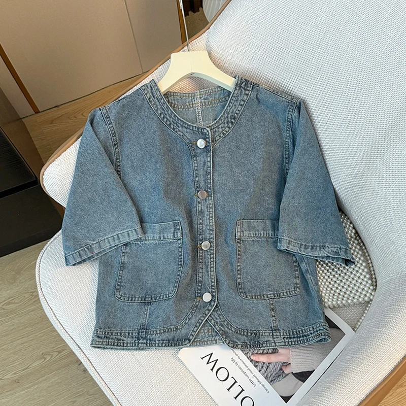 Блузка модная женская джинсовая рубашка свободная короткая куртка Корейская