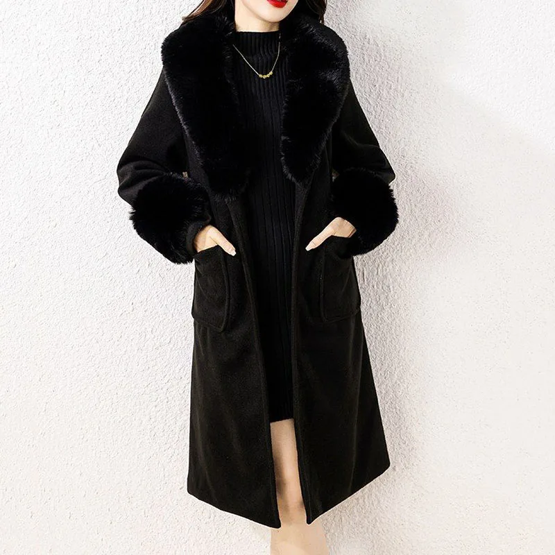 

Fur Collar Female Overcoat Winter Fashion Solid Color Women Woolen Coat 2023 New Korean Temperament Black Women Woolen Coat T302